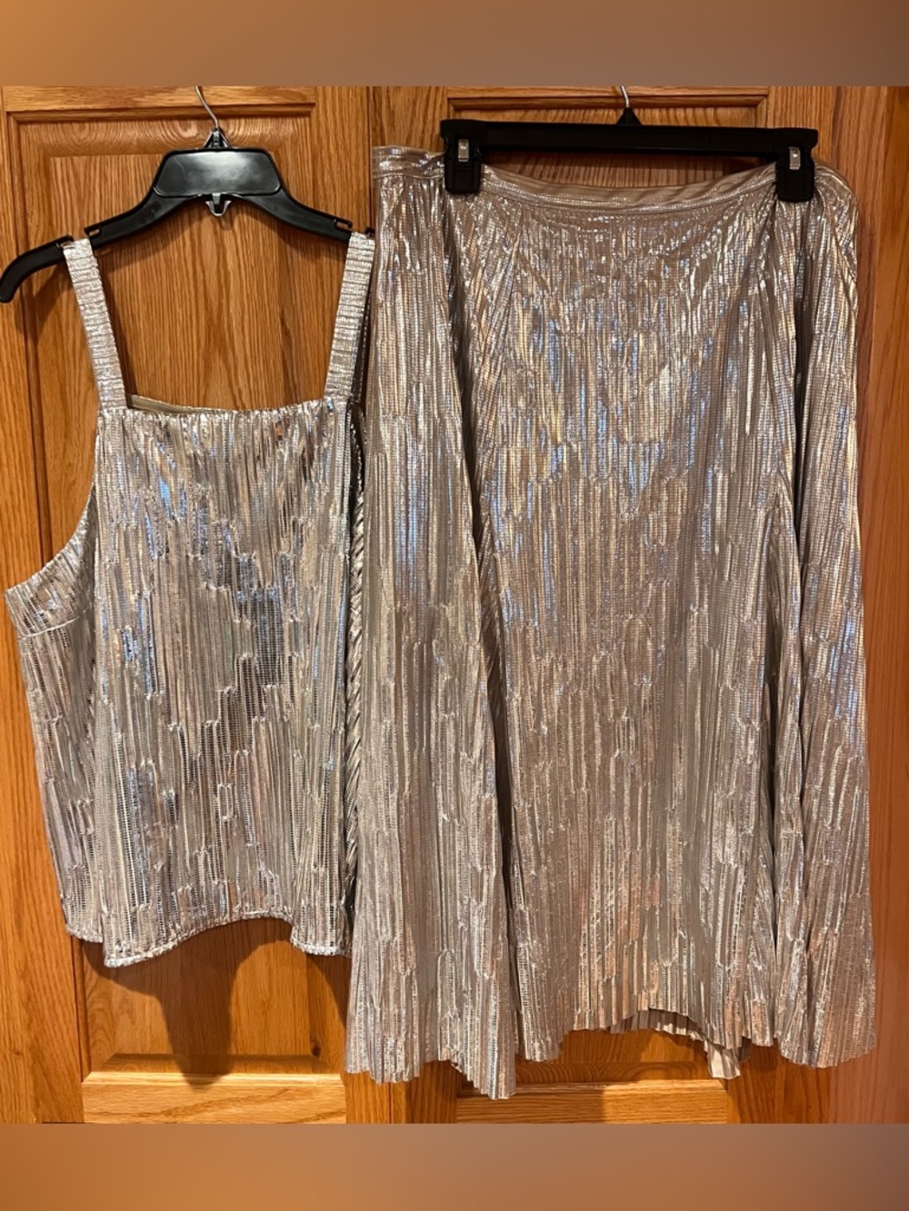 Anthropologie Maeve Metallic Pleated Midi Skirt Size 10P & Tank Top Sz Large Set